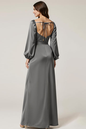 Dark Grey A-Line Backless V-Neck Wedding Guest Dress with Sash